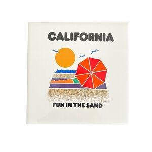 California Souvenir Ceramic Tile Vintage 1984 CHD Fun In Sand Sunbather Umbrella